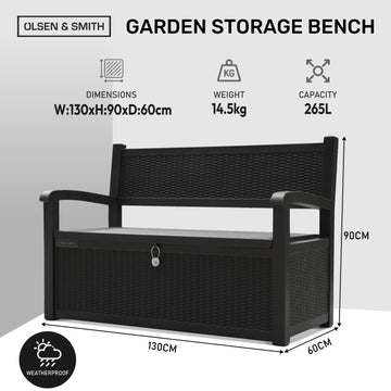 Olsen & Smith Outdoor Garden Storage Bench 265L – Weather-Resistant Rattan Effect Plastic Seat with Lockable Storage Box, Patio Furniture Chest for Tools, Cushions & Toys – Black